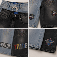 Shorts en jean amples TaiDe OEKO-TEX pour hommes, avec strass, lettres multicolores et écussons étoiles, effet délavé, Jorts personnalisés, fabricant ODM en gros