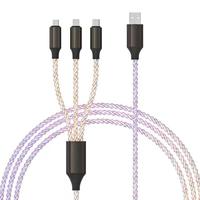 Câble de charge rapide 3-en-1 RGB LED 66W 6A Type-C/Micro USB avec conducteur en cuivre pur et blindage tressé pour téléphones mobiles