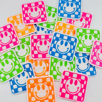 Patch brodé néon à motif échiquier et visage souriant, applique carrée visage joyeux pour sweat à capuche, veste, chapeau, sac à dos, streetwear pour enfants