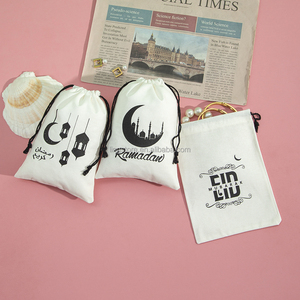 <b>White</b> Printed Cotton Linen Drawstring Pouch for Moslem Jewellery Essential Oils Candles Packaging for Eid Al-Fitr Gift Dust <b>Bags</b> - Product Image 6