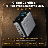Chargeur GaN3 148W avec affichage numérique intelligent, USB-C PD à quatre ports pour ordinateur portable, téléphone, tablette, certifié CE FCC RoHS