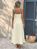 Robe décontractée élégante pour femme, prête à être expédiée, douce et respirante, coupe trapèze, col carré, dos ouvert, longueur midi, idéale pour les fêtes d'anniversaire