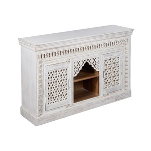 Meuble TV en bois sculpté à la main avec un design Jali complexe, console de divertissement en bois massif avec rangement, blanc vintage - Product Image 6