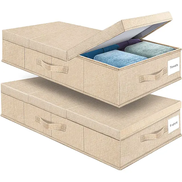 Organizadores plegables de lino impermeables debajo de la cama, caja de almacenamiento de gran capacidad con tapa y 3 asas de tela para estuches y ropa