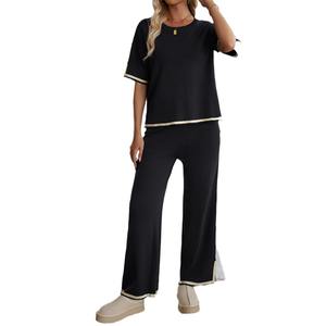 <span class=keywords><strong>Felpa</strong></span> <span class=keywords><strong>in</strong></span> maglia da donna allentata 2 pezzi maglione completo Pullover a maniche corte top pantaloni larghi <span class=keywords><strong>in</strong></span> <span class=keywords><strong>vita</strong></span> elasticizzata Set da salotto - Product Image 1