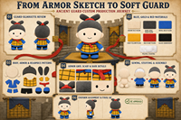 Figurine en peluche de soldat de dessin animé avec armure à motif de nœud et écharpe rouge pour projets personnalisés