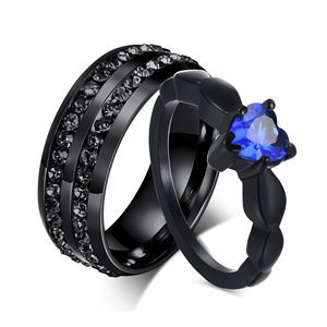 Bagues de couple assorties en acier inoxydable titane noir, incrustées de zircone cubique bleue étincelante, minimalistes, pour promesse - Product Image 6