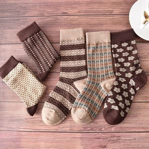 Women's Vintage High Tube Pile Long Socks Autumn Winter Coffee Color Knitted 5 Toe Style Breathable - Product Image 3