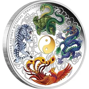असाधारण रूप से रंगीन प्राचीन दुर्लभ ड्रैगन फोनिक्स कछुए बाघ चांदी की प्लेटेड सिक्का