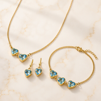 316L Edelstahl Zirkonia Schmuckset, Herz-Halskette Ohrringe Armband, Blauer Kristall, Gold, 3-teiliges Set, Hypoallergen