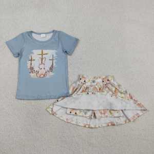 GSD3486 RTS Little Active <b>Girl</b> Easter Rabbit Print Casual Cotton Spandex Short Sleeve Skirt <b>Set</b> for Kids - Product Image 5