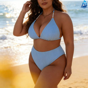Ensemble bikini <span class=keywords><strong>2</strong></span> pièces grande taille pour femme, soutien-gorge triangle col en V, bas taille haute, perles, tissu côtelé, maillot de bain - Product Image 3