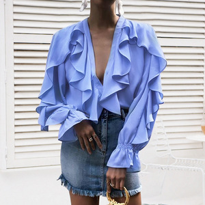 Automne été bureau dame solide col en v en mousseline de soie <span class=keywords><strong>Blouses</strong></span> femmes décontracté élégant volants Flare manches chemises hauts amples - Product Image 5