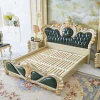 Lit double en cuir de style européen pour villa, 18 mètres sur 2 mètres, en bois massif, avec broderie sculptée en couronne, pour chambre principale, personnalisable pour mariage