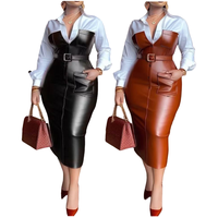 Trendige Herbst Bürokleider für Damen Lässiges PU-Leder Patchwork Kontrastfarben Langarm Hemdkleid mit Gürtel