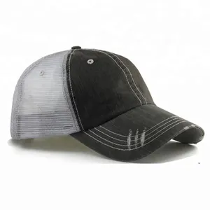 High quality cotton mesh back curved brim vintage washed blank distressed trucker hat cap contrast stitching