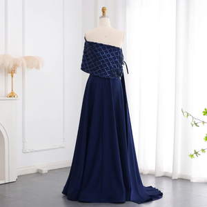 Elegante Vestido de Noche Azul Marino con Hombros Descubiertos y Capa Estilo Árabe Dubái para Mujer Fiesta de Boda Trajes de Gala Sf204-1 - Product Image 6