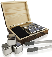 Pierres à whisky réutilisables en acier inoxydable, glaçons métalliques avec pinces et boîte de rangement en bois pour bar à domicile et cadeaux