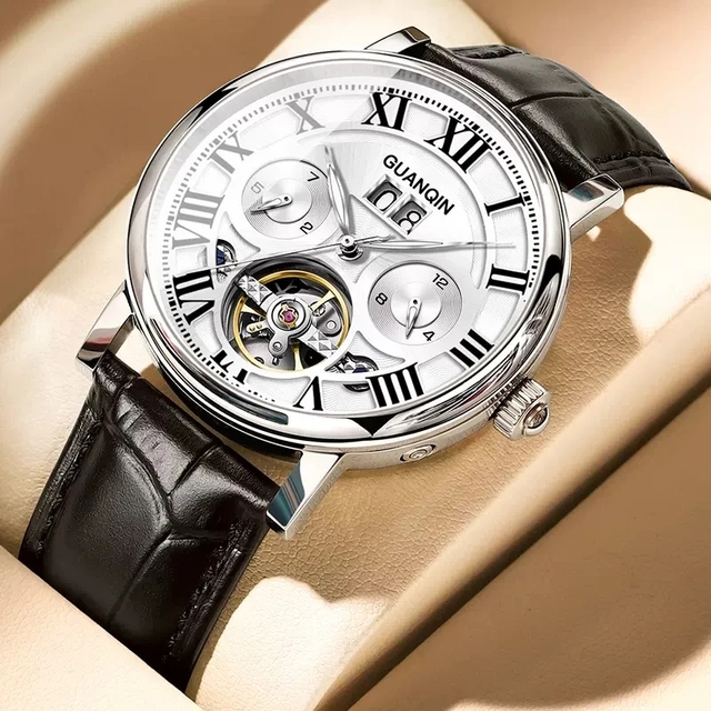 Guanqin GJ16283 Genuine Leather Strap Automatic Watches Mechanical Skeleton Watch Waterproof Mechanical Men Clock