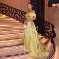 Robe de soirée élégante Lsz447 à épaules dénudées avec surjupe en satin perlé et fente, pour occasions formelles, Jancember