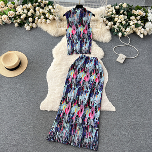 Iki parçalı bayanlar Set LW1395 kadin pileli Ombre Set kolsuz saçak bluz + Maxi etek bayanlar 2 parça Set - Product Image 1