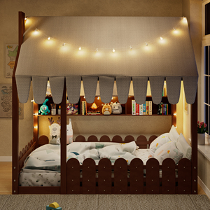 Cama Montessori de tamaño completo <span class=keywords><strong>para</strong></span> niños, cama de piso con barandillas, tienda de campaña, luces y 3 estantes de almacenamiento, color espresso - Product Image 2