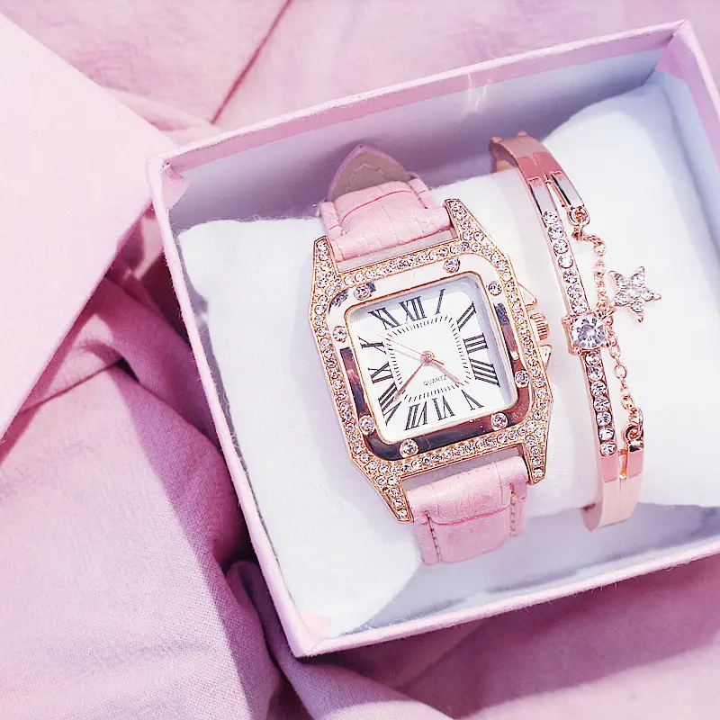 Hot Sale Women Ladies Fashion Leather Strap Square Diamond Quartz Wrist Bracelet Watches Gift Set WW06