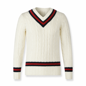 Custom Logo <strong>Women's</strong> Wool Cashmere Blend V Neck Cable Knit Sweater Contrast Stripe Varsity <strong>Cricket</strong> <strong>Jumper</strong> Pullovers - Product Image 4
