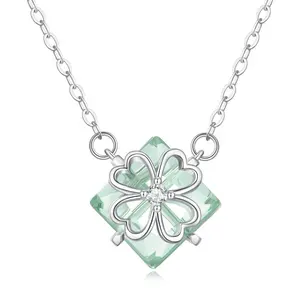 OEM green funky crystal private engrave pendant necklace retro womens fashion silver beautiful Four Leaf Clover necklaces