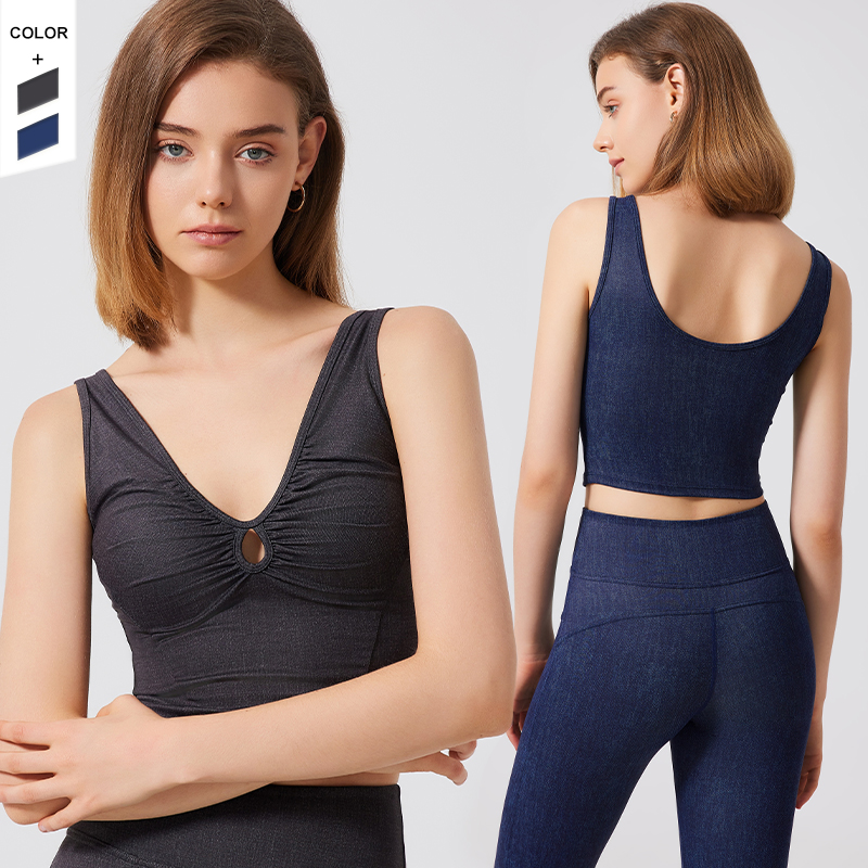 Hot Selling Beauty Back Deep V Short Style Round up Sports Tank Top for Women Running Fitness Yoga Vest