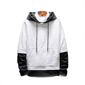 <b>Men's</b> <b>White</b> Hooded <b>Sweatshirt</b> With Black Sleeve And Hem Casual Knitted Pullover Regular Fit Solid Color Autumn Wear - Product Image 1