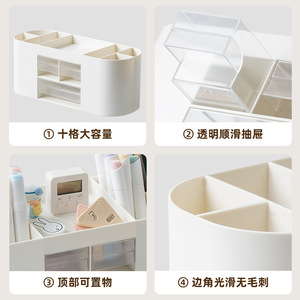 <b>Plastic</b> Pen Holder <b>Storage</b> Box Desktop Organizer Multifunctional Minimalist White With Transparent <b>Drawers</b> - Product Image 5