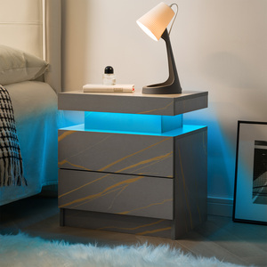 Nightstand LED <b>Bedside</b> Table Cabinet with 2 Drawers Grey Gold Modern Bedroom <b>Storage</b> Drawer Unit - Product Image 5
