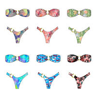 Ensemble bikini bandeau sans bretelles pour femme avec anneau en O, imprimé personnalisé, maillot de bain 2 pièces coupe haute string, motif floral tie-dye, tenue de plage