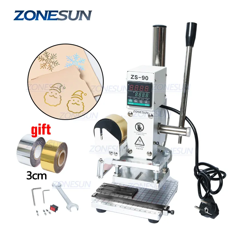 ZONESUN-Máquina Manual de estampación en caliente de cuero y papel, ZS90, máquina de grabado en bronce para cuero, madera y plástico