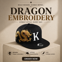Casquette de baseball noire unie en sergé épais à visière plate, avec broderie 3D épaisse et personnalisée de dragon chinois doré multicolore sur toute la surface latérale