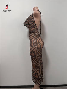 L0868-Ingrosso Elegante Abito Lungo Aderente con Paillettes Leopardate e Scollo a V per Donna, Vestito da Sera per Feste - Product Image 3