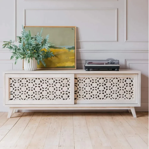 Meuble TV en bois de manguier massif sculpté à la main, meuble de divertissement traditionnel en bois, meuble de salon rustique, rangement durable - Product Image 2