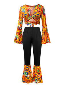 Jaren '70 Dames Disco Outfit 3-delig Set Hippie Cosplay Geprint Kleding Hoofdband Set Vrouwelijke Halloween Party Retro Disco Top Broekpak - Product Image 4