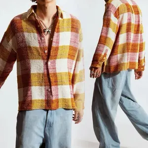 2024 neueste Design orange karierte Hemden Top für Männer Mode Langarm lässig Leinen hemden losen Stil