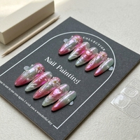 Faux ongles press-on faits main B191, forme amande, couvrance totale, motif fleur rose vert perle pour doigts