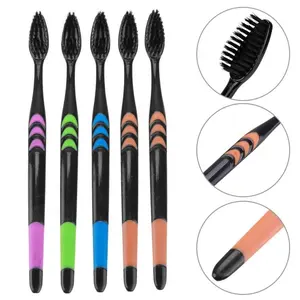 Wholesales best quality 10pcs black charcoal bristles oral eco rubber plastic adult toothbrush
