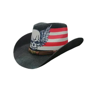 Stock cappello da Cowboy di paglia di carta da uomo USA cappello di paglia americano occidentale Texas cappello di paglia a tesa modellabile Sombreros cappello da Cowboy con stampa bandiera americana