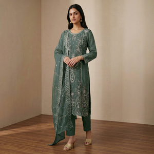 Costume en coton vert brodé pour femmes avec dupatta, tenue traditionnelle indienne et pakistanaise, longueur au sol, coupe régulière, vêtements décontractés - Product Image 1