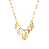 Collier populaire en pierres concassées et perles, avec plusieurs pendentifs, chaîne plate en forme de croix, plaqué or, motif floral, bijoux de luxe légers pour femmes TGXL14883