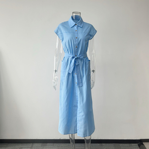 <span class=keywords><strong>Abito</strong></span> Lungo Enyami in Cotone e <span class=keywords><strong>Lino</strong></span> Blu Kaki a Vita Alta con Tasche per Donna Primavera Estate Autunno - Product Image 6