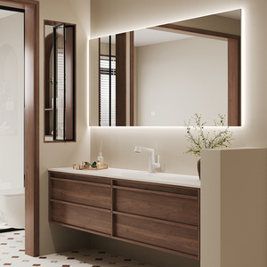 <span class=keywords><strong>Mueble</strong></span> de Baño Moderno Personalizado de Estilo Retro <span class=keywords><strong>con</strong></span> Encimera de Madera Maciza Color Café, Lavabo de Una Pieza Curvado en Caliente y Espejo - Product Image 4