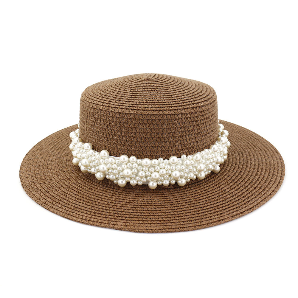 Fancy Pearls Band Straw Hats Women Flat Top Boater Decoration