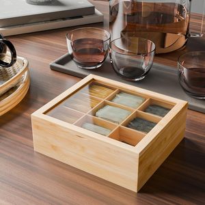 शीर्ष ग्लास पेंट लकड़ी के भंडारण के साथ हस्तनिर्मित प्राकृतिक बांस चाय बॉक्स रसोई के लिए आवश्यक - Product Image 3