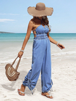 Combinaison Spaghetti décontractée d'été vintage pour femmes taille haute Denim col en v sans manches une pièce avec motif solide